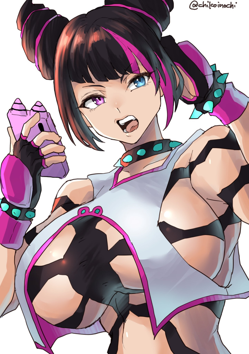 annoyed black_hair capcom chikoinochi choker juri_han large_breasts looking_at_viewer phone purple_highlights smartphone spikes street_fighter street_fighter_6