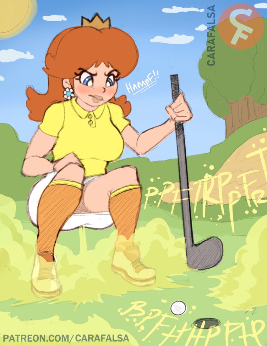 1girls blue_eyes brown_hair carafalsa crouch eyelashes fart fart_cloud fart_fetish farting female female_only field golf_ball golf_club looking_down mario_(series) mario_golf nintendo orange_socks princess_daisy skirt sneakers socks solo white_skirt white_sneakers yellow_shirt