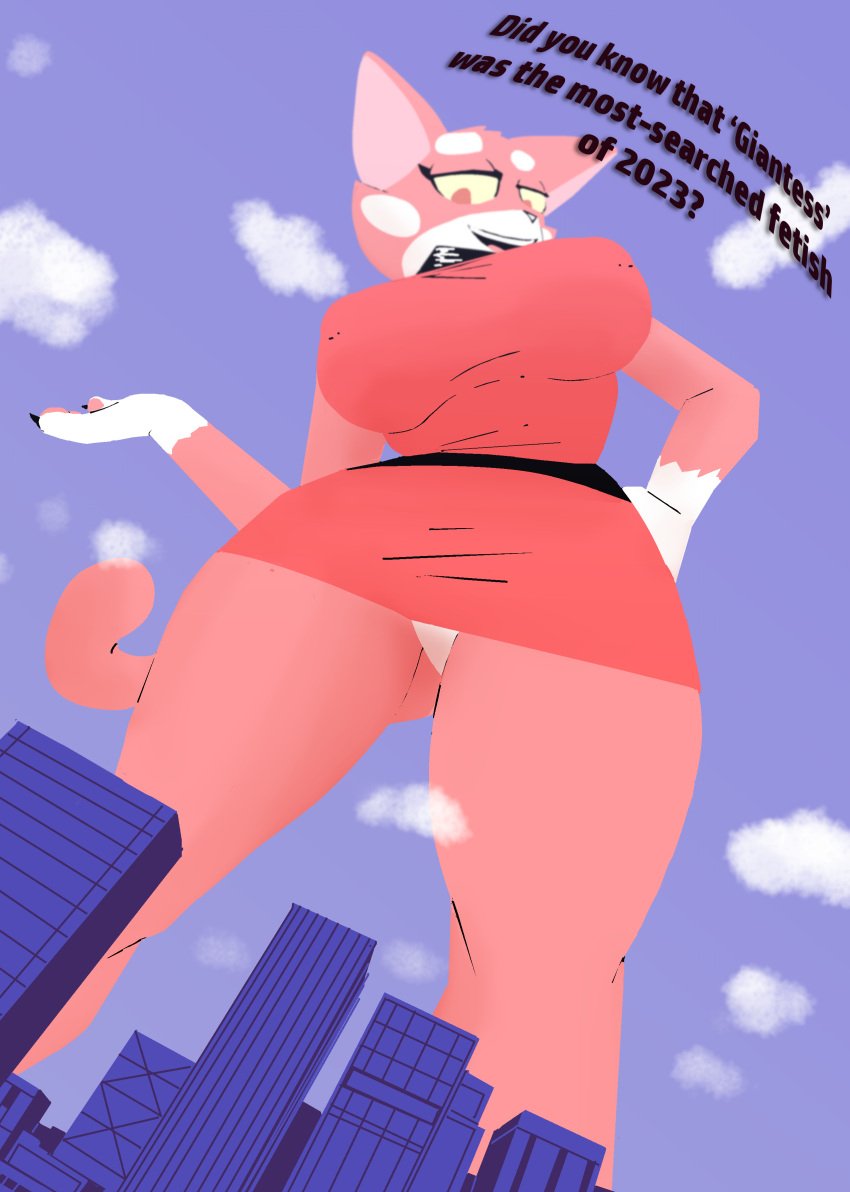 2d_(artwork) 4chan city dialogue gesture giantess hand_gesture looking_at_viewer looking_down macro mikesmike panties panty_shot pink_fur red_dress red_eyes shima_luan shima_prime sky smug smug_face super_planet_dolan viewed_from_above white_panties