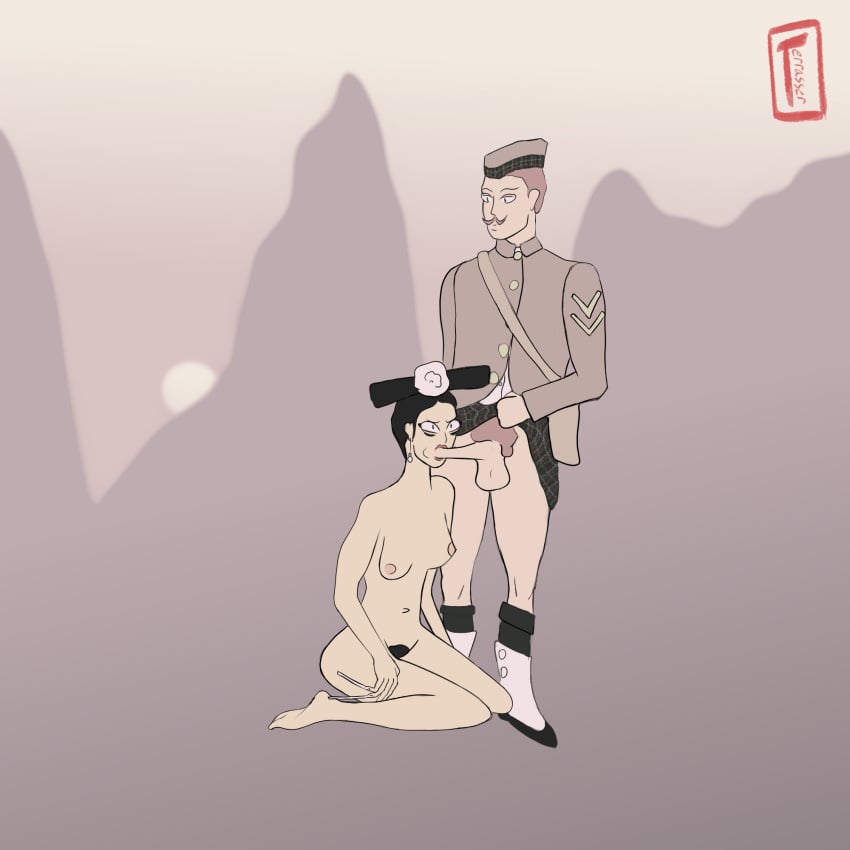 blowjob bonnet breasts breasts_out china_(countryhumans) chinese_dress chink colonialism colonized conquered countryhumans countryhumans_girl disgrace dominance female history kilt kilt_lift kilt_up male military_uniform naked nude nude_female nude_male opium plaid pubic_hair pubic_hair_peek scotland scotland_(countryhumans) sunlight sunset traditional_clothes upskirt