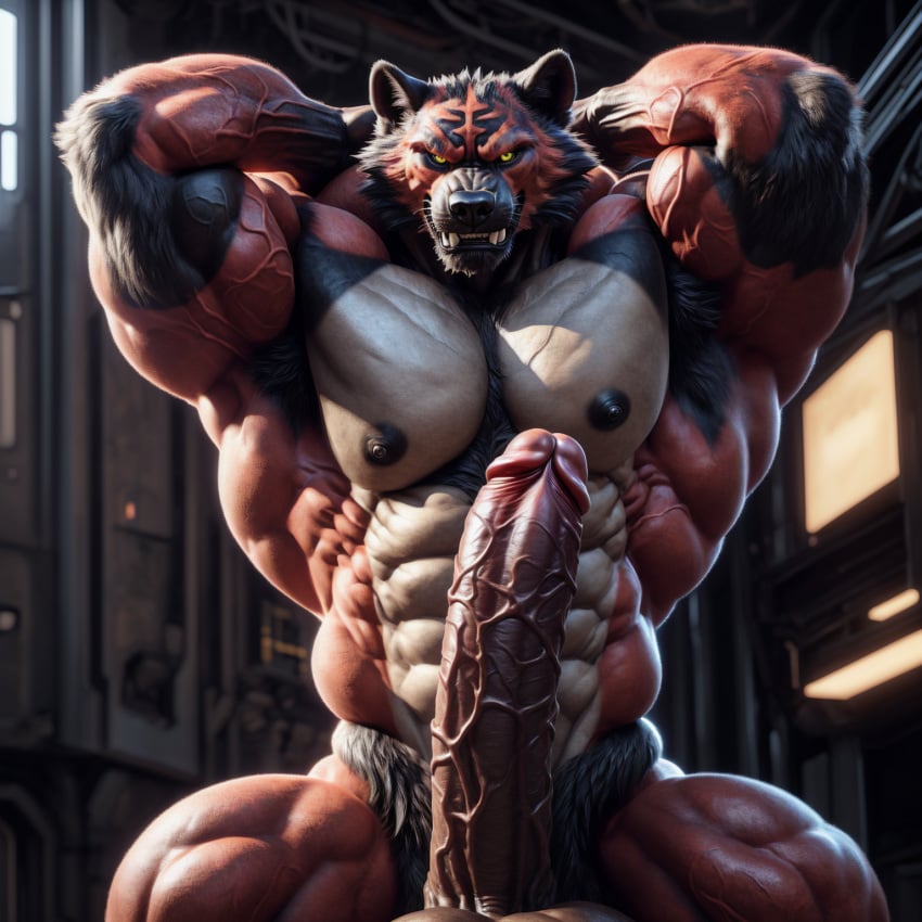 abs ai_generated anthro armpit_hair balls big_balls big_muscles big_penis body_hair crypto_botany erection fur generation_7_pokemon genitals hand_behind_head hi_res huge_balls huge_cock huge_muscles humanoid_genitalia hyper hyper_genitalia hyper_penis incineroar looking_at_viewer male muscular muscular_anthro muscular_male nipples nude pecs penis pokemon_(species) snarling solo solo_focus vein veiny_arm veiny_muscles veiny_penis