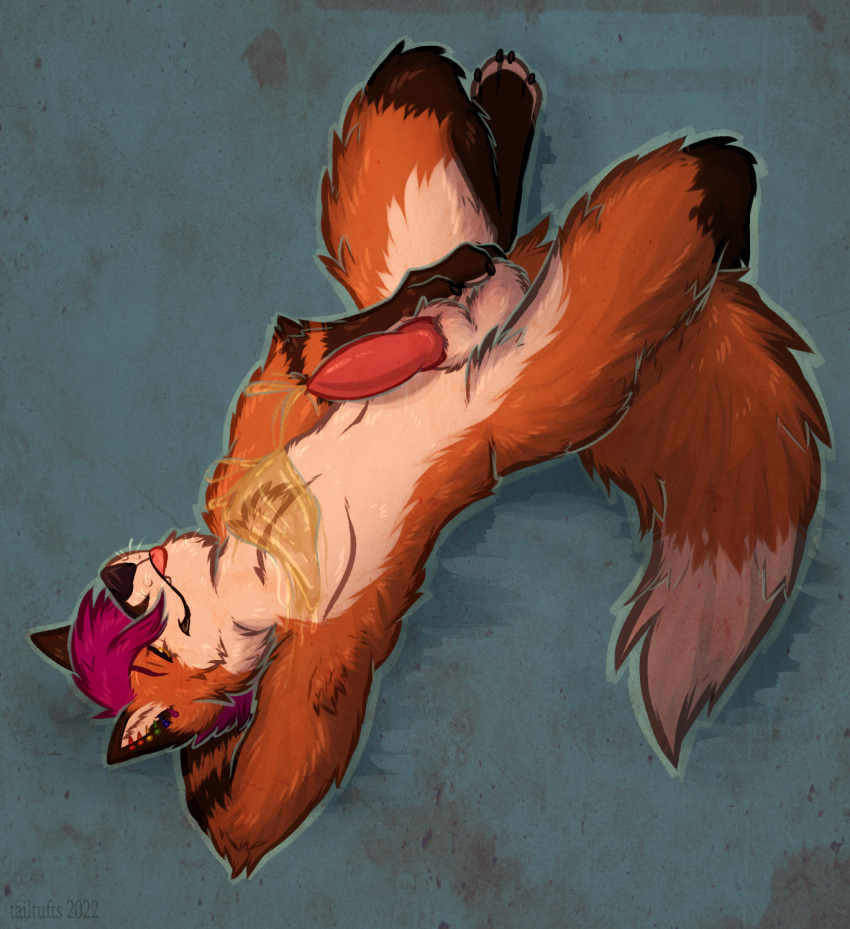 1boy 2022 anatomically_correct anatomically_correct_genitalia anatomically_correct_penis animal_genitalia animal_penis anthro balls blep bodily_fluids brown_body brown_fur canid canine canine_penis closed_eyes digital_media_(artwork) erection fox fur genital_fluids genitals hi_res knot lying male male_only mammal nude on_back orange_body orange_fur peeing peeing_on_self penis sheath smile solo tailtufts tongue tongue_out urine urine_on_chest urine_stream watersports white_body white_fur zion_fox