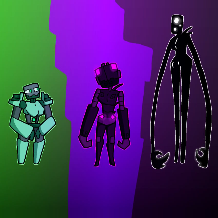 enderman enderwoman golem green_eyes minecraft purple_eyes shadow trio white_eyes