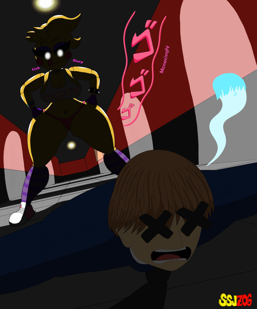 big_ass death female female_focus five_nights_at_freddy's hungry jojo_reference male_death night_guard ssjz06 toy_chica_(eroticphobia) toy_chica_(fnaf) x_eyes