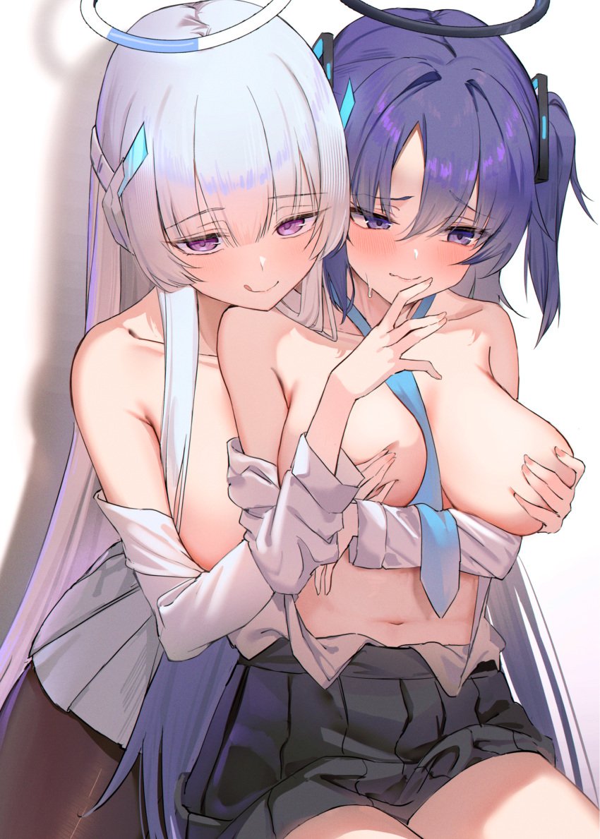 2girls :q \||/ absurdres arm_under_breasts assertive_female averting_eyes between_breasts black_and_blue_halo black_pantyhose black_skirt blue_and_white_halo blue_archive blue_necktie blush breast_press breasts breasts_on_another's_back closed_mouth clothes_down collarbone commentary covering_another's_breasts covering_another's_nipples embarrassed fingernails fingers_to_mouth front-to-back furrowed_brow grabbing grabbing_another's_breast grabbing_from_behind grey_hair halo highres large_breasts licking_lips lookhow looking_at_viewer mechanical_halo millennium_science_school_student multiple_girls nail_polish naughty_face navel necktie necktie_between_breasts no_bra noa_(blue_archive) open_clothes open_shirt pantyhose pleated_skirt purple_eyes purple_hair seminar_(blue_archive) shadow shirt_tucked_in skirt smile sweatdrop tongue tongue_out triangle_hair_ornament two_side_up white_background yuri yuuka_(blue_archive)