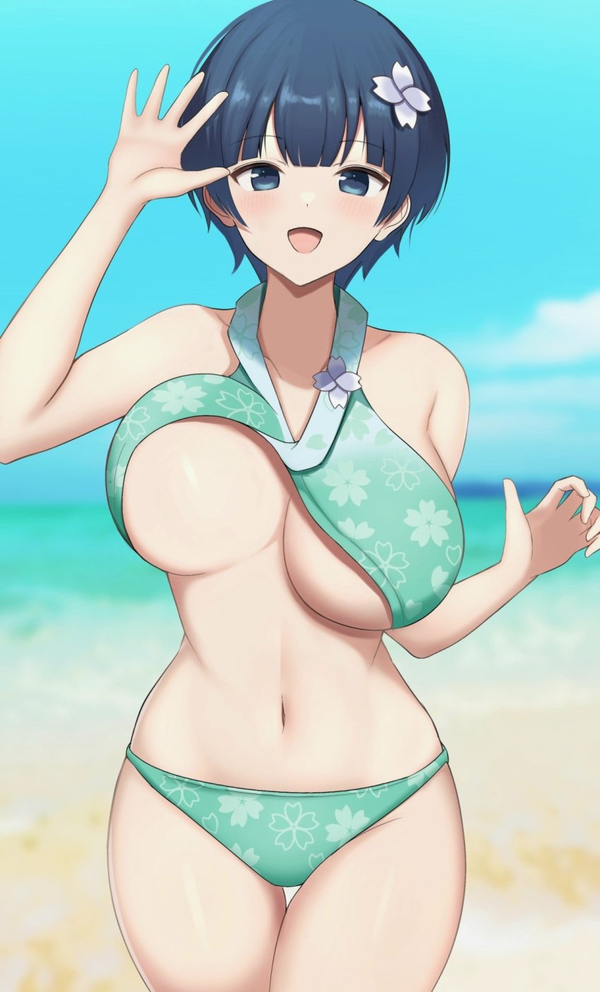 1girls beach bikini blue_eyes blue_hair bob_cut bouncing_breasts breasts flower_in_hair huge_breasts marvelous midriff navel outdoors senran_kagura short_hair smile solo surippa1010 swimsuit underboob waving wide_hips yozakura_(senran_kagura)