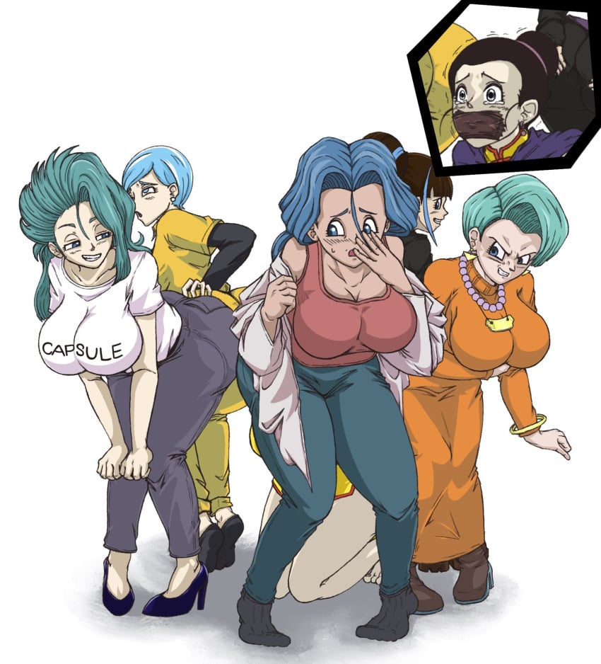 6girls bound bound_hands bound_legs bulma_(dragon_ball) bulma_(dragon_ball_super_superhero) bulma_(saiyan_saga_intermission) bulma_briefs bulma_briefs_(gt_saga) bulma_briefs_(post_saiyan_saga) chichi dragon dragon_ball dragon_ball_evolution dragon_ball_gt dragon_ball_super dragon_ball_super_super_hero dragon_ball_z future_bulma gag gagged gagged_female multiple_girls odanota tagme text_on_clothing