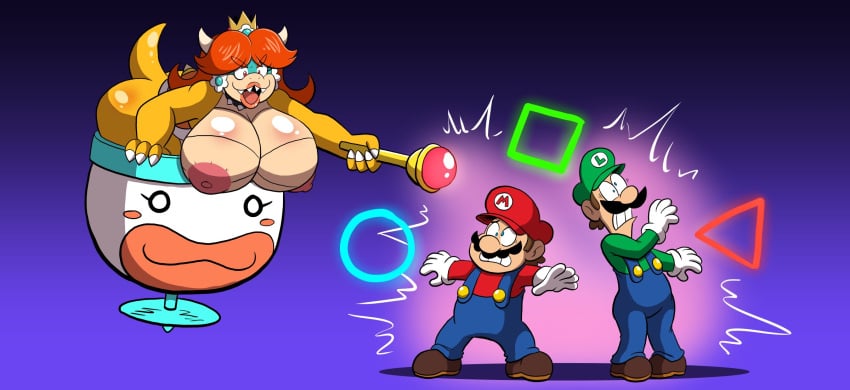 anthro claws huge_ass huge_breasts koopa koopa_clown_car luigi magic mario mario_(series) nipples pre-transformation princess_daisy princess_koopa prinnydood thick_thighs transformation wide_hips