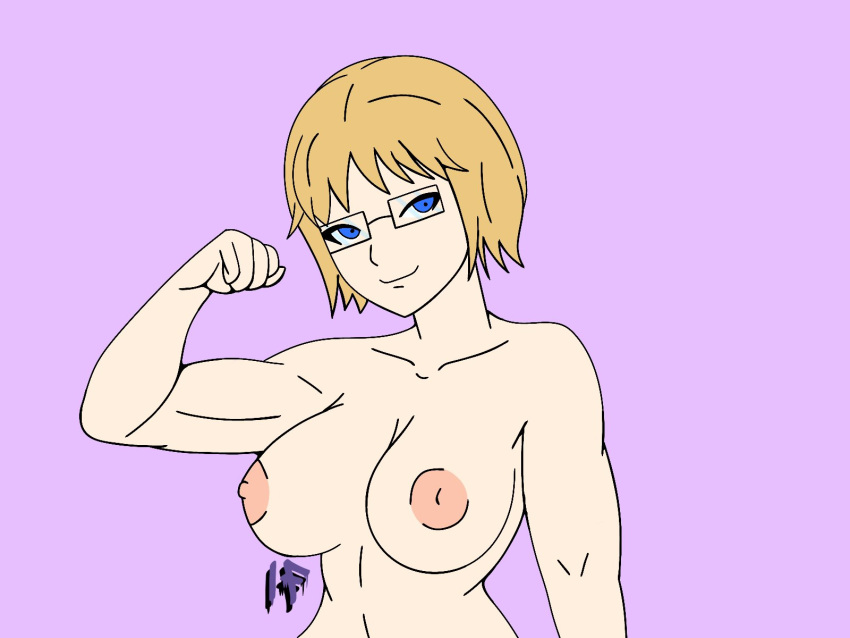 1girls big_breasts blonde_hair blue_eyes breasts buff dawn_(hi_my_name_is_fel) fallz fallzart female female_only fist flexing glasses hi_my_name_is_fel muscular muscular_female navel nipples nude short_hair smiling solo toned white_skin