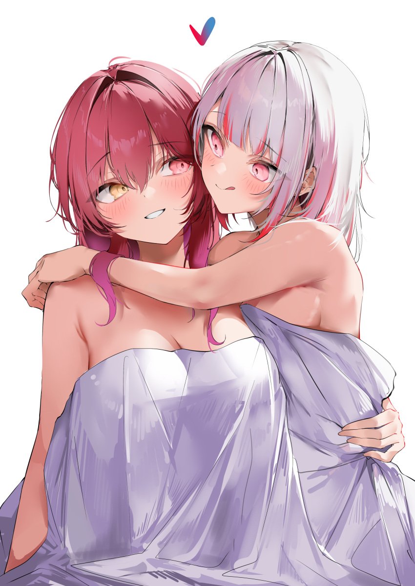 2girls :q absurdres afterglow arms_around_neck bed_sheet breasts commentary dark_persona english_commentary gawr_gura grey_hair heart heterochromia highres hololive hololive_english hololive_fantasy hololive_japan hololive_myth houshou_marine implied_after_sex large_breasts long_hair looking_at_another multicolored_hair multiple_girls naked_sheet nude pepq red_eyes red_hair reflect_(gawr_gura) shinkiro_(hololive) short_hair simple_background small_breasts streaked_hair tongue tongue_out virtual_youtuber white_background yellow_eyes yuri