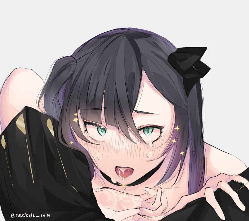 blush cum cum_in_hand cum_in_mouth genshin_impact green_eyes hand_on_knee implied_oral kneeling looking_at_partner looking_up mona_(genshin_impact) necktie_iv14 scaramouche_(genshin_impact) straight tears twintails