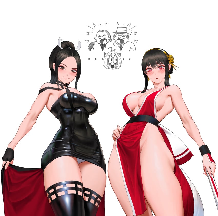 1girls 2girls absurd_res assassin big_breasts black_hair blush brown_eyes cleavage clothing_swap crossover dress embarrassed female female_focus female_human fit_female human inner_sideboob king_of_fighters large_breasts legwear light-skinned_female long_hair looking_at_viewer mai_shiranui mature_female multiple_girls red_eyes sideboob skimpy skimpy_clothes slim_waist smiling smiling_at_viewer snk spy_x_family thighhighs thorn_princess white_background wonbin_lee yor_briar yor_forger