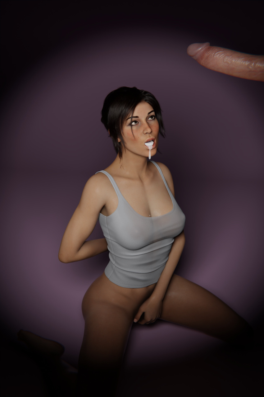 3d abs big_breasts big_penis brown_hair casting changing_room cum cum_drip cum_in_mouth cum_on_face cumshot flash flashing forced forced_cum_eating forced_exposure forced_oral impressed lara_croft lara_croft_(survivor) model modeling mouthful open_mouth penis photoshoot scared sinaf stalker tank_top tomb_raider wet