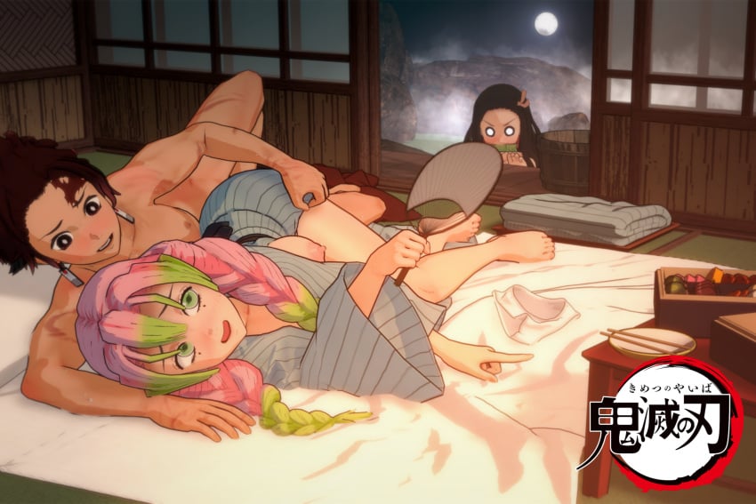 areola bamboo big_breasts black_hair braid breasts btox busty demon_slayer futon green_eyes green_hair hair_ribbon hot_spring kamado_nezuko kamado_tanjirou kanroji_mitsuri kimetsu_no_yaiba koikatsu large_breasts legs mole mole_under_eye multicolored_hair nipples onsen pink_hair thick_thighs thighs two_tone_hair voluptuous voluptuous_female wide_hips