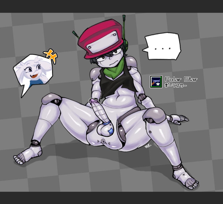 1boy android cave_story doukutsu_monogatari eye_contact laughing legs_apart looking_at_viewer male male_focus male_only male_solo neosteulio nutrio penis quote_(cave_story) robot solo_male spread_legs sue_sakamoto tagme