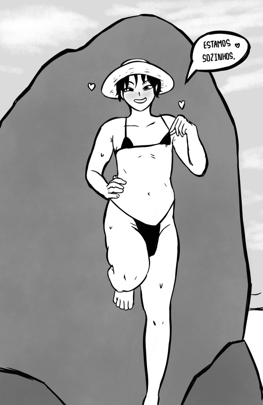 1boy asdfghjkl beach beach_background bikini bikini_top bikini_top_only bikini_top_removed black_and_white black_eyes black_hair boy_on_top breasts breasts_out dialog dialogue dialogue_box femboy femboy_focus femboy_only hand_on_waist hat hidden male male_focus male_only male_pov monkey_d_luffy naughty naughty_face naughty_smile nipple nipples nipples_outside one_piece pov pov_male rock simple_background sketch sketch_page small_breasts smaller_male solo straw_hat tagme