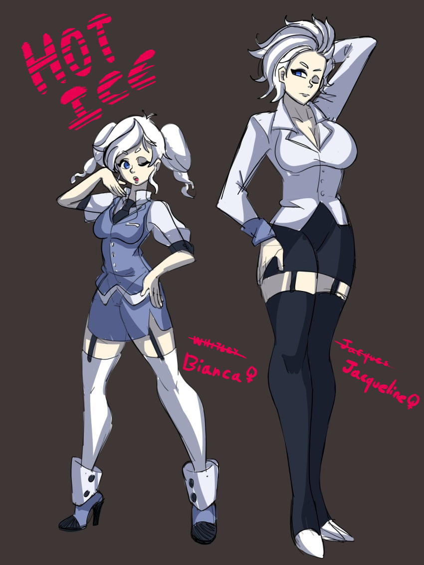 2girls breasts high_heel_boots high_heels jacques_schnee makeup milf mother_and_daughter multiple_girls owl_pie rule_63 rwby skirt white_hair whitley_schnee