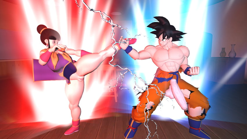 3d abs aura before_sex big_pecs chichi dragon_ball_z female flashing_pussy kaioken kicking male muscular muscular_female muscular_male no_panties parry penis_out_of_pants silmarilae son_goku sparring swinging_penis thick_thighs torn_clothes