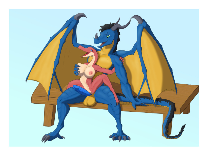 1boy 1girls absurd_res anthro balls bestbake big_breasts big_dom_small_sub big_penis blue_body blue_eyes blue_penis blue_scales blush breast_grab breasts diphallia diphallism dominant dragon draykan_(character) duo embrace erection female female_penetrated genitals green_eyes hair hand_on_breast happy hi_res horn kobold male male/female male_penetrating male_penetrating_female mane membrane_(anatomy) membranous_wings multi_genitalia multi_penis muscular muscular_male nipples nude open_mouth penetration penile penile_penetration penis penis_in_pussy pink_body pink_scales pussy scales scalie sex simple_background size_difference smile stomach_bulge tongue underbelly vaginal_penetration wings