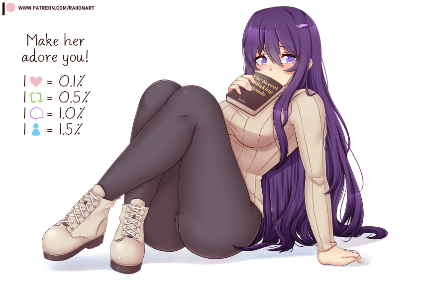 ass big_ass big_breasts book boots doki_doki_literature_club leggings long_hair long_sleeves on_the_floor purple_eyes purple_hair raionart shy sitting sweater thick thick_thighs yuri_(doki_doki_literature_club)