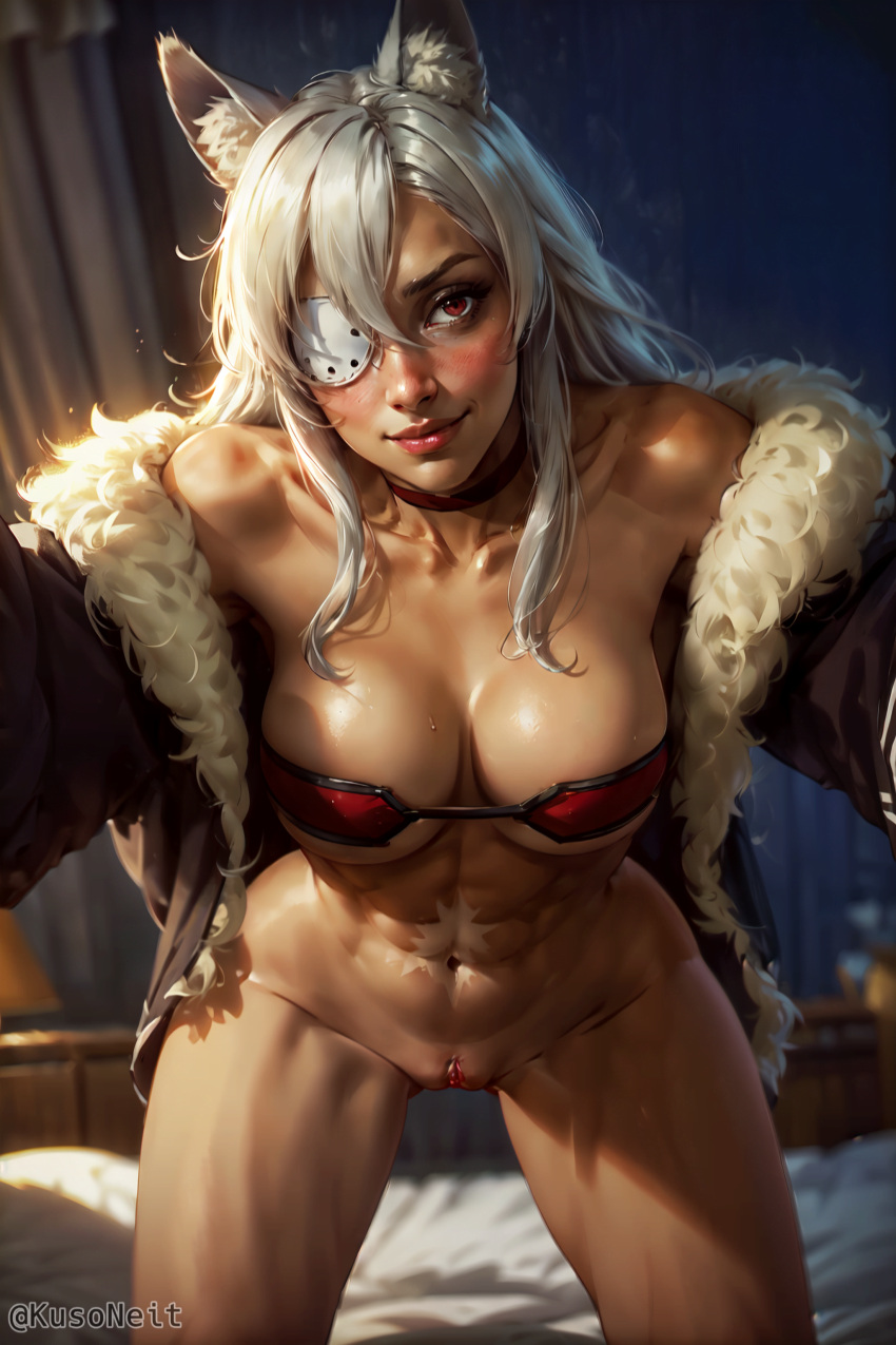 1girls abs absurd_res ai_generated bare_shoulders bedroom_eyes big_breasts bottomless bra cat_ears choker cleavage clothing collarbone dark-skinned_female dark_skin ear_tuft eye_patch eyewear female female_focus female_only fur_coat ghislaine_dedoldia grey_hair hair hair_between_eyes hi_res kusoneit long_hair looking_at_viewer muscular muscular_female mushoku_tensei navel one_eye pov red_choker red_eyes seductive_look solo solo_female stable_diffusion standing thighs underboob watermark