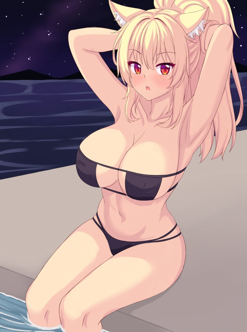 1girls 2023 animal_ears armpits arms_behind_head arms_up bikini black_bikini blonde_hair blush breasts cat_ears catgirl cleavage large_breasts long_hair looking_at_viewer navel open_mouth original outside ponytail red_eyes sitting tagme thighs tiffy tiffynyaa