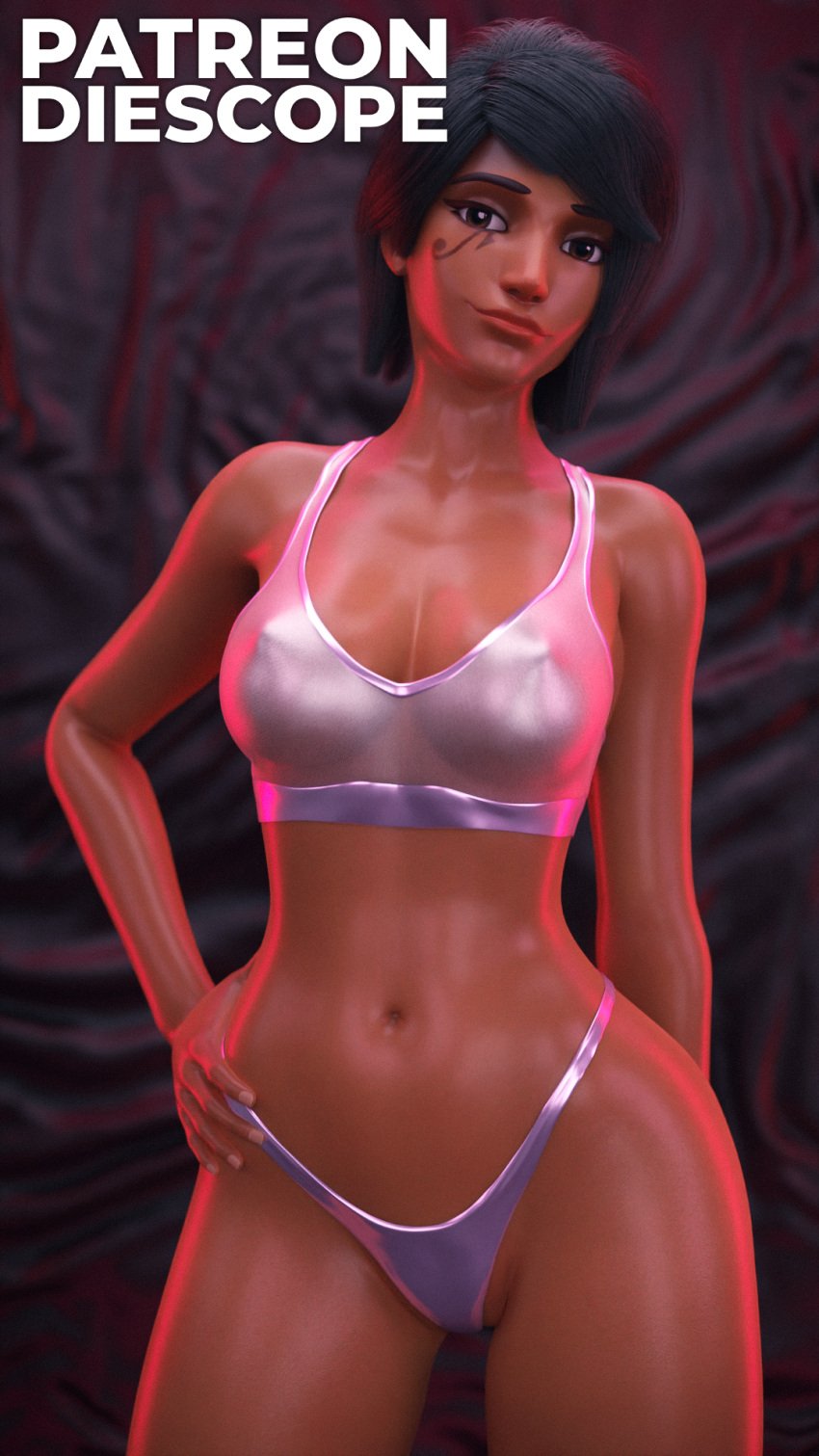 1girls 3d black_hair blender blizzard_entertainment blurry_background breasts brown_eyes clothed clothing dark_skin diescope female female_only hi_res latex latex_clothing looking_at_viewer overwatch pharah posing pussy pussy_peek red_lipstick smile smiling solo solo_female standing thick_thighs transparent_clothing