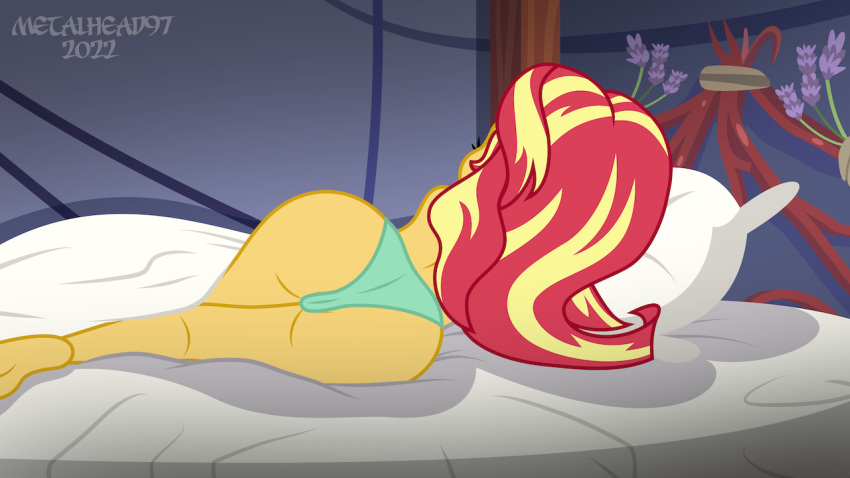 1girls 2022 accurate_art_style artist_name ass barefoot bed cameltoe equestria_girls feet female friendship_is_magic hasbro legend_of_everfree legs lying lying_down lying_on_bed metalhead97 my_little_pony partially_nude pillow solo solo_female style_parody sunset_shimmer thighs thong thong_panties topless underwear