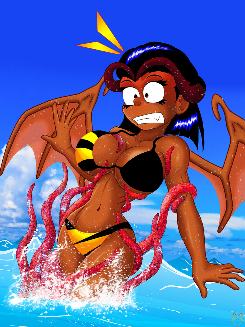 alternate_version_available bikini black_hair dark_skin demon_girl horns imminent_rape imminent_tentacle_rape kally_(lordcoyote) lordcoyote restrained scared sea shocked tentacle tentacles_under_clothes