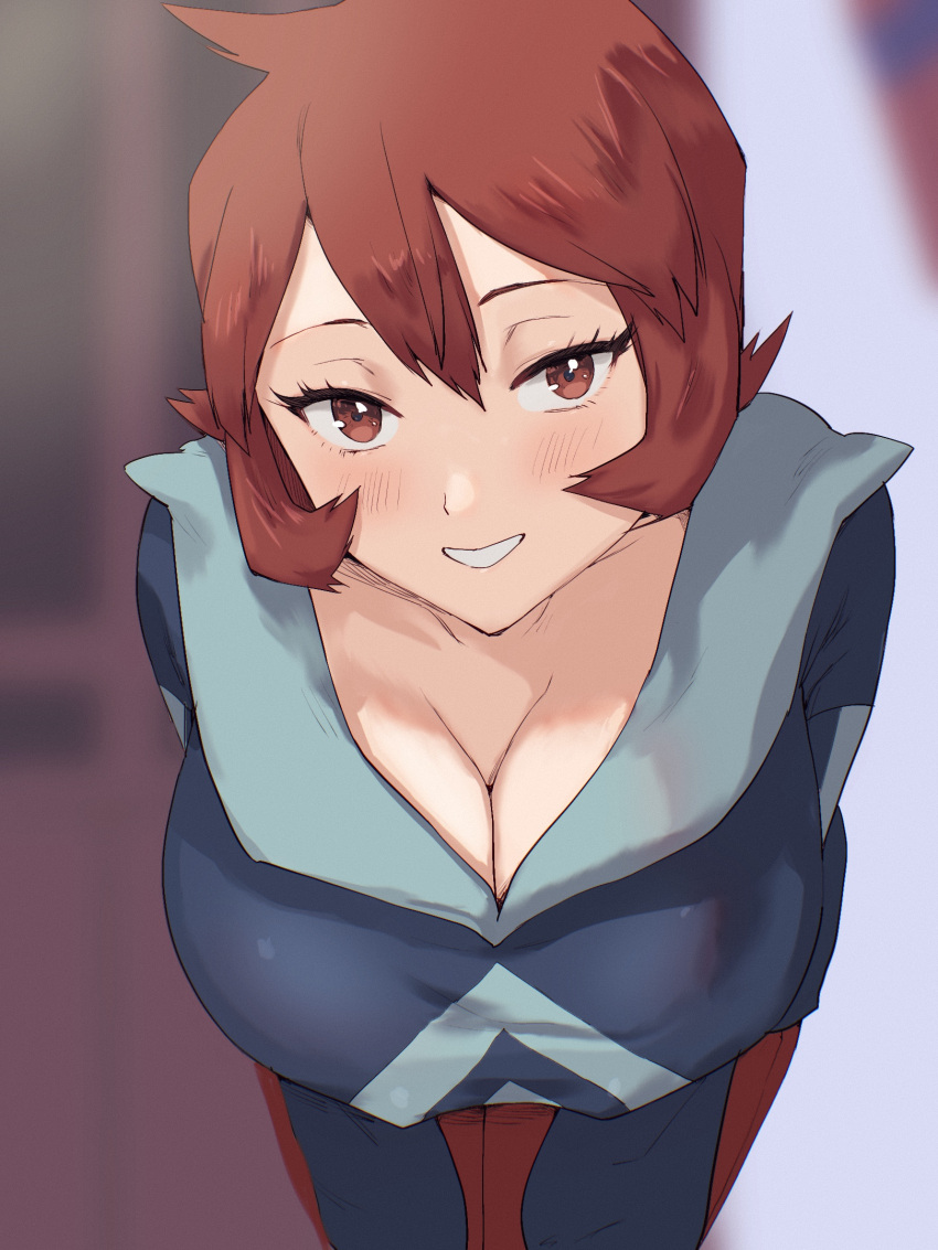 1girls 2022 alternate_breast_size arezu_(pokemon) bent_over big_breasts blush breast_focus breasts cleavage clothed clothed_female female female_only fully_clothed hi_res huge_breasts leaning_forward leggings looking_at_viewer nintendo nipple_bulge oyasu oyasu_(kinakoyamamori) pokemon pokemon_legends:_arceus red_eyes red_hair red_leggings short_hair smile thick_thighs thighs