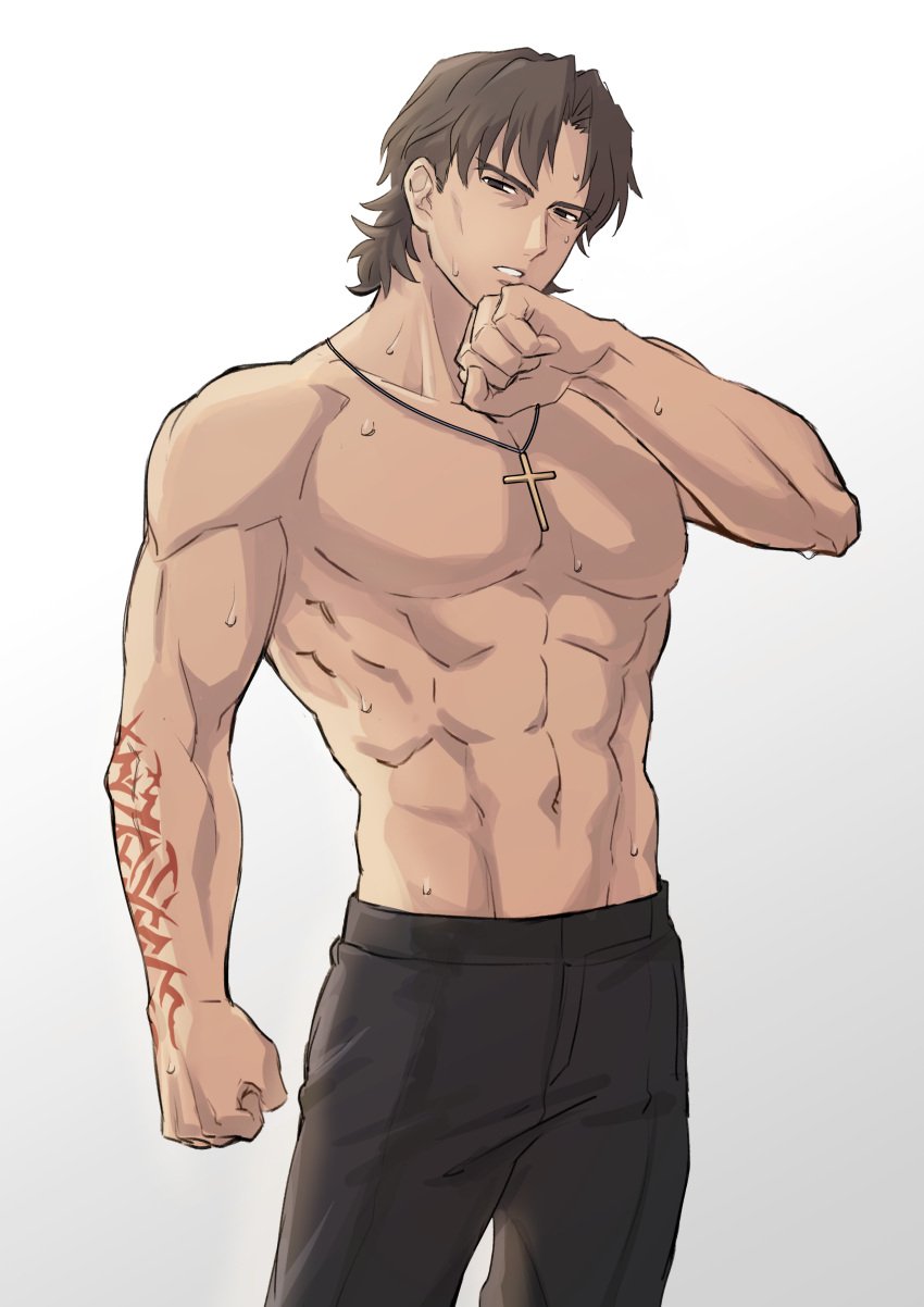 artist_request bara brown_hair crucifix dilf fate/stay_night fate_(series) kirei_kotomine looking_at_viewer male male_only muscular muscular_male necklace priest solo sweat tattoo topless topless_male tuto_(mokuchin09) type-moon