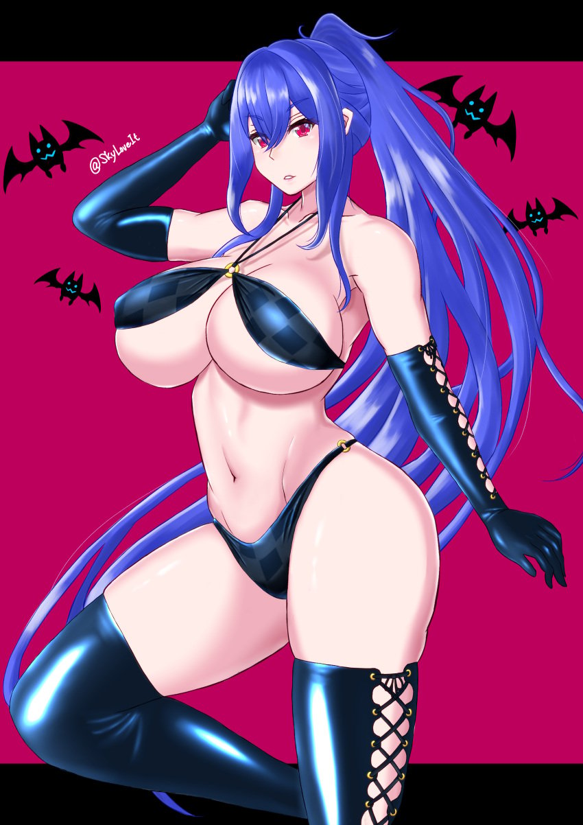 1girls big_breasts blue_hair breasts curvaceous curvy curvy_body curvy_female curvy_figure female female_focus huge_breasts large_breasts long_hair looking_at_viewer original_character red_eyes skyloveit slim_waist thick_thighs thigh_highs thighhighs thighs voluptuous