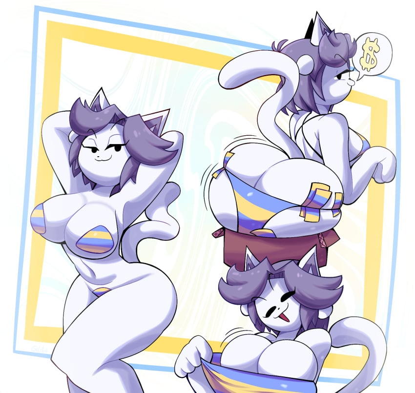 :3 anthro ass bent_over big_breasts big_butt bikini breast_squish breasts clothing currency_symbol dollar_sign domestic_cat felid feline felis female female_only glabsterii hands_behind_head hi_res high_on_temmie_flakes huge_breasts huge_butt looking_at_viewer mammal multiple_poses pasties pose rear_view smug solo solo_female squish swimwear symbol temmie temmie_(undertale) undertale video_games