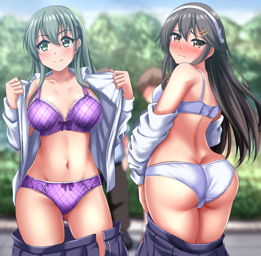 2girls ass ass_cleavage blush bow bow_bra bow_panties bra brown_hair butt_crack embarrassed green_eyes green_hair haruna_(kantai_collection) kantai_collection lingerie looking_at_viewer navel open_clothes open_shirt orange_hair panties public purple_bra purple_panties satin satin_bra satin_panties skirt skirt_down standing suzuya_(kantai_collection) sweat tagme undressing white_bra white_panties zanntetu