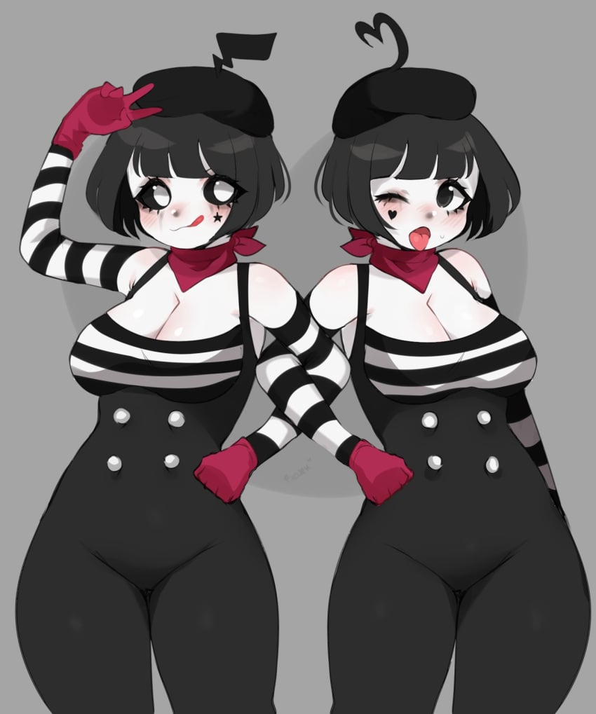 2girls :3 adorable beret black_eyes black_sclera bonbon_(derpixon) chuchu_(derpixon) cleavage cowboy_shot cute female_only fredek666 hankerchief mime mime_and_dash mime_girl red_gloves white_body white_eyes white_sclera