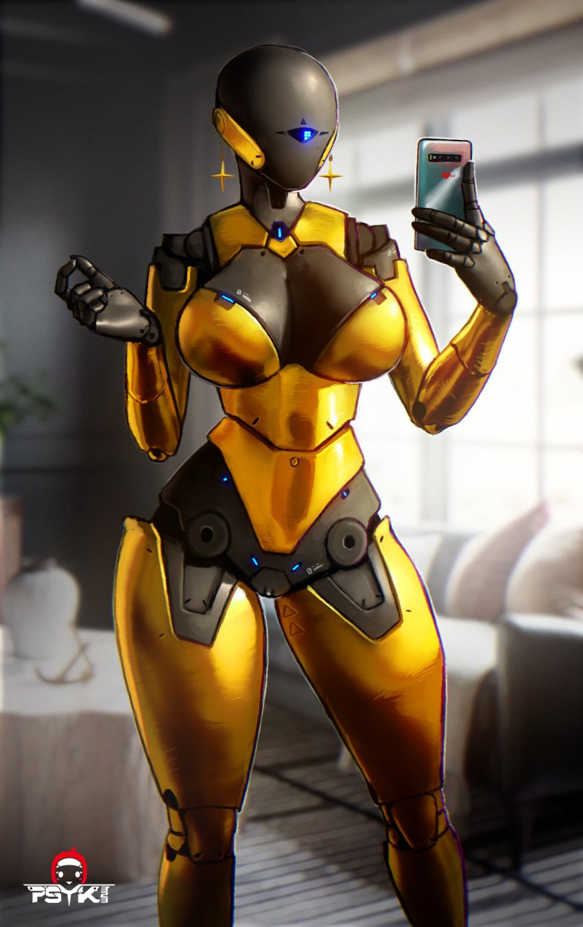 1_eye android artist_logo breasts couch earrings english_commentary female gold highres indoors jewelry joints large_breasts no_humans original phone pillow plant potted_plant psyk323 robot robot_joints selfie shiny solo vase