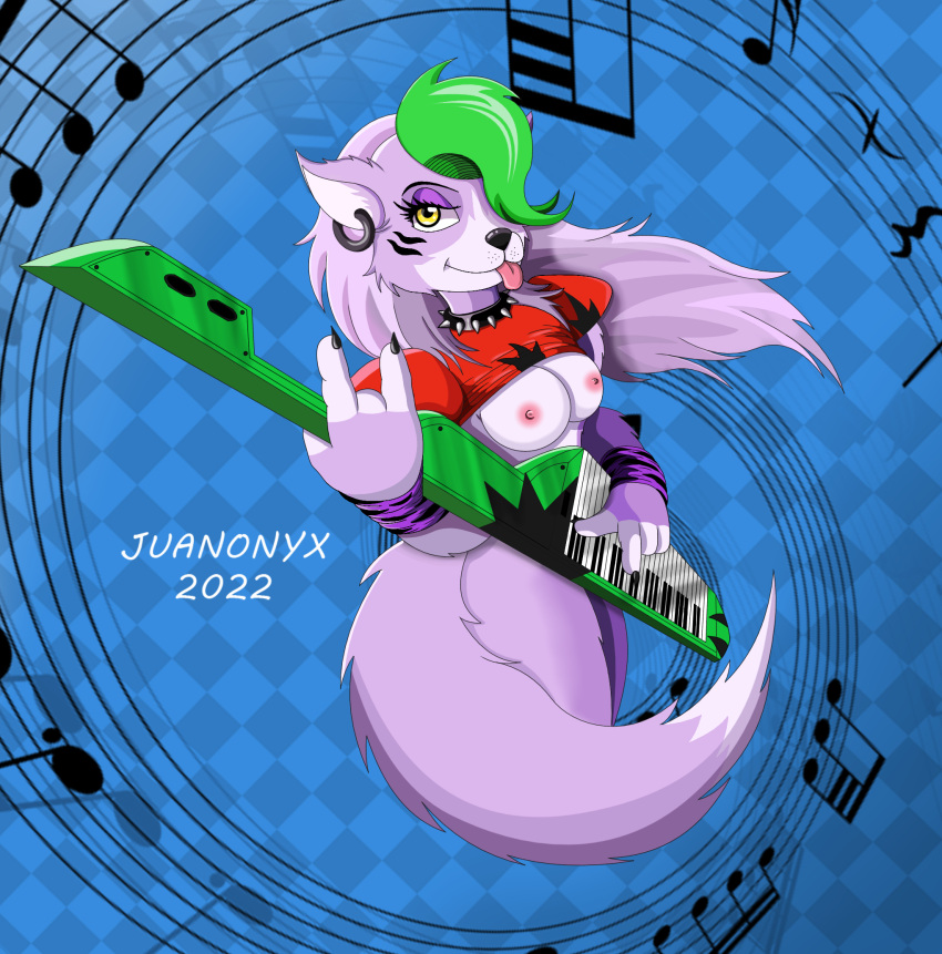 animatronic breasts canid canine canis ear_piercing ear_ring female female_only five_nights_at_freddy's five_nights_at_freddy's:_security_breach fur hi_res juanonyx machine mammal musical_instrument musical_note perspective piercing punk punk_hair purple_body purple_fur robot roxanne_wolf_(fnaf) scottgames solo solo_female spiral video_games wolf