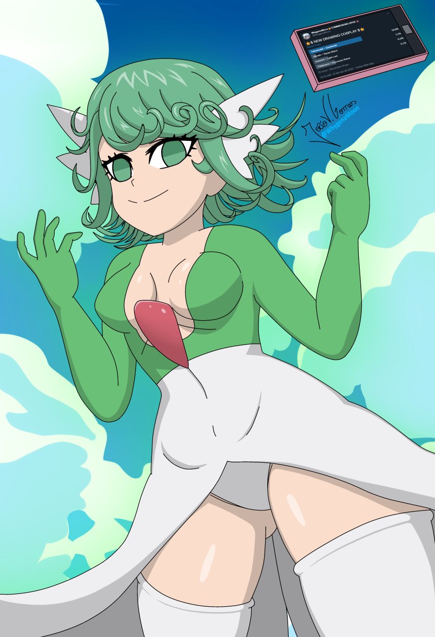 1girls breasts cosplay curvy female gardevoir gardevoir_(cosplay) green_eyes green_hair hi_res looking_at_viewer nintendo one-punch_man petite pokemon pokemon_(cosplay) pokemon_(species) short_hair solo solo_female tatsumaki text thin_arms thin_waist whygenamoon wide_hips