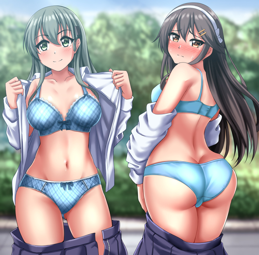 2girls ass ass_cleavage blue_bra blue_panties blush bow bow_bra bow_panties bra brown_hair butt_crack embarrassed green_eyes green_hair haruna_(kantai_collection) kantai_collection lingerie looking_at_viewer navel open_clothes open_shirt orange_hair panties public satin satin_bra satin_panties skirt skirt_down standing suzuya_(kantai_collection) sweat tagme undressing zanntetu