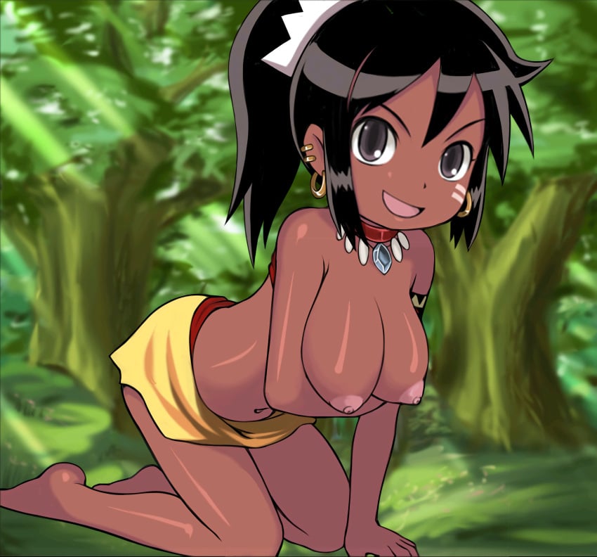 1girls all_fours arm_support armlet atlus bandeau_bikini barefoot big_breasts bikini black_hair blush breast_hold breasts breasts_out brown_eyes busty choker dark-skinned_female dark_skin day e10 earrings etrian_odyssey female female_only hanging_breasts highres jewelry large_breasts nature navel nipples open_mouth outdoors ponytail presenting presenting_breasts puffy_nipples red_bikini sarong shilleka smile solo swimsuit topless tribal