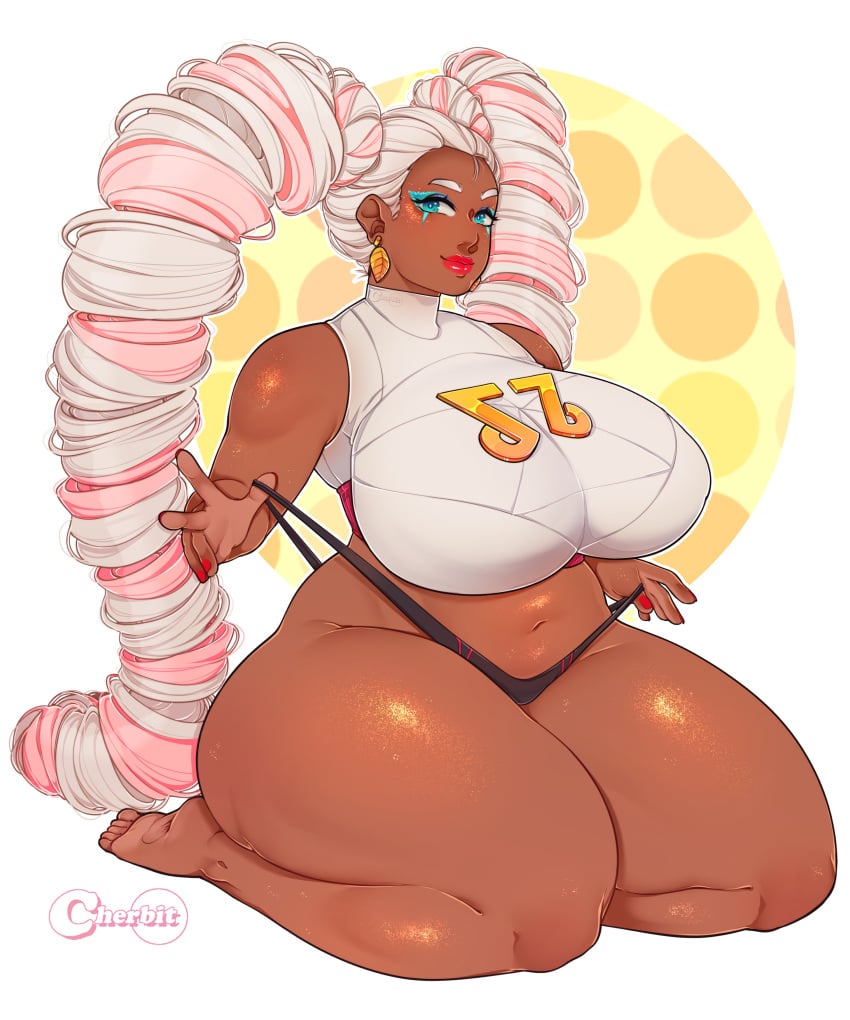 1girls arms_(game) belly breasts cherbit crop_top curvy dark-skinned_female dark_skin earrings eyeliner female huge_breasts kneeling makeup massive_breasts midriff multicolored_hair navel panty_pull pink_hair plump shiny_skin sleeveless smile solo straight_hair stretched_clothing thick_legs thick_thighs twintails twintelle venus_body very_long_hair voluptuous white_hair wide_hips