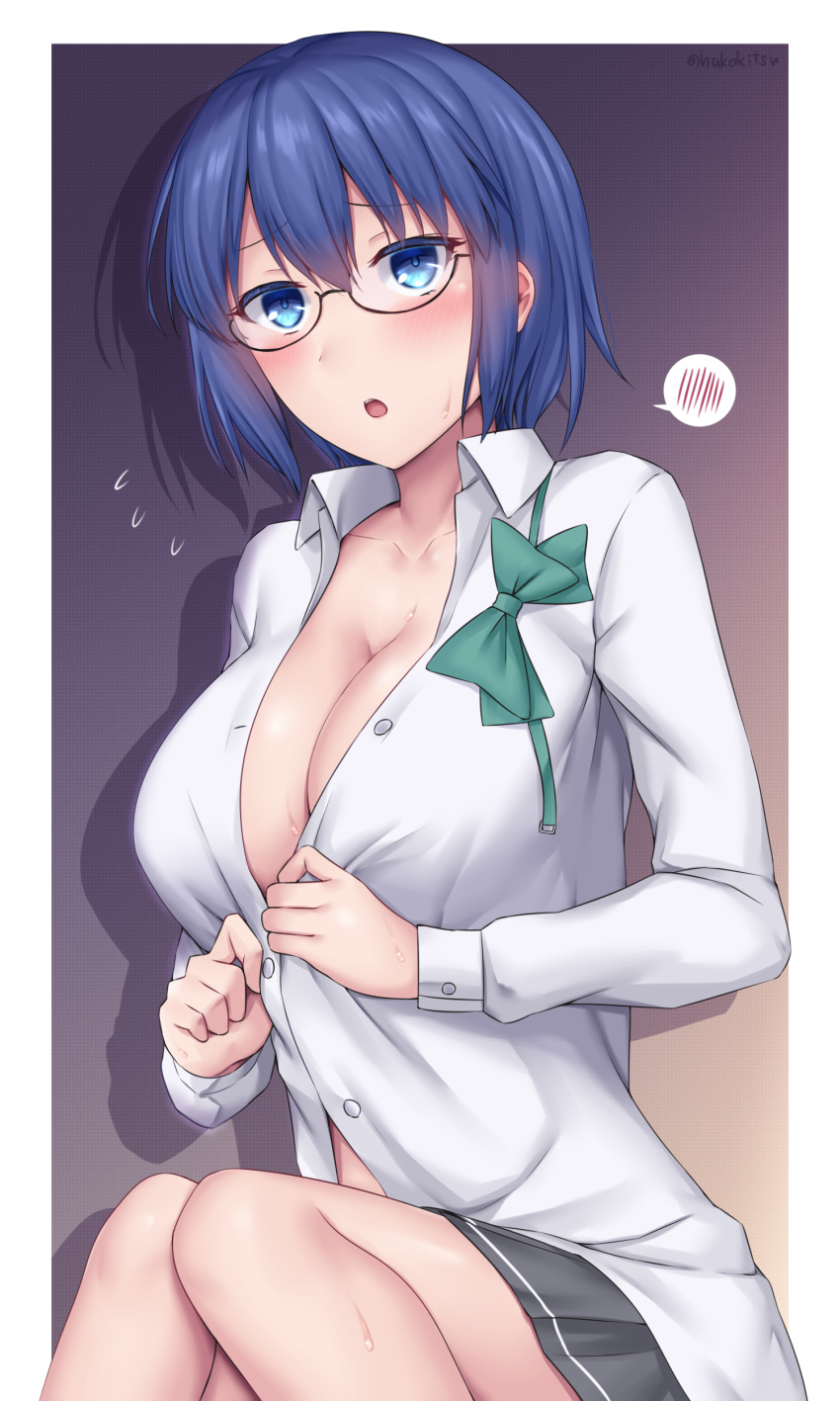 big_breasts blue_eyes blue_hair blush ciel ciel_(tsukihime) cleavage female female_only glasses neck_ribbon no_bra open_mouth school_uniform schoolgirl short_hair sitting solo soukitsu sweat sweatdrop tsukihime type-moon undressing