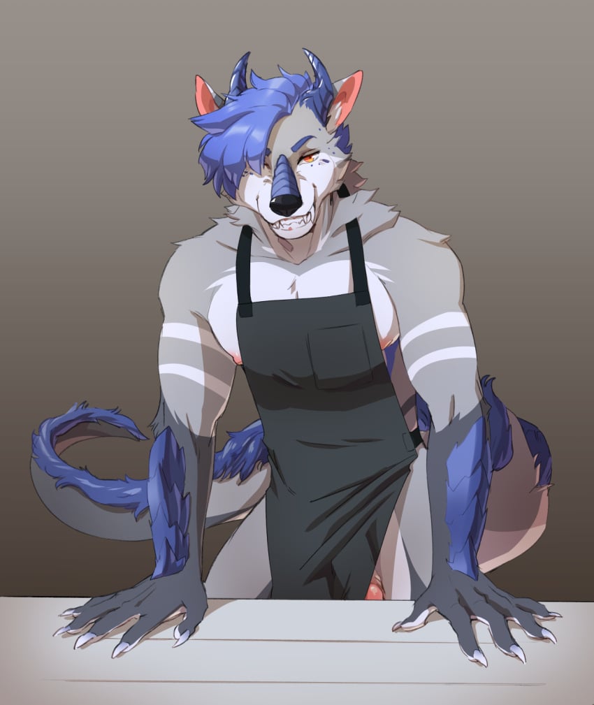 anthro apron bedroom_eyes canid canine canis claws clothed clothing cook cosmicminerals dominant dragon genitals hands_on_table hi_res hybrid lincoln male mammal muscular muscular_male narrowed_eyes nipples partially_clothed pecs penis seductive smile smirk solo teeth wolf