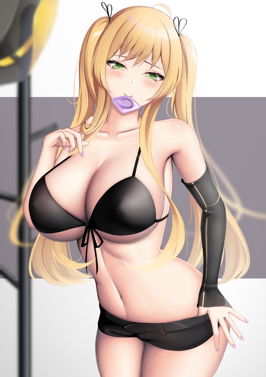 absurdres ahoge azur_lane bangs bare_shoulders bikini bikini_top_only black_bikini black_ribbon black_sleeves blonde_hair blush breasts cleavage clothes_pull collarbone commentary_request commission condom condom_in_mouth condom_wrapper cowboy_hat cowboy_shot d.j_(dwcg2854) detached_sleeves eyebrows_behind_hair female female front-tie_bikini front-tie_top green_eyes hair_ribbon hand_on_own_chest hat hat_removed head_tilt headwear_removed highres hornet_(azur_lane) large_breasts long_hair looking_at_viewer mouth_hold nail_polish navel partial_commentary pixiv_request purple_nails revision ribbon short_shorts shorts shorts_pull sidelocks single_detached_sleeve smile solo standing stomach swimsuit thighs twintails very_long_hair white_background