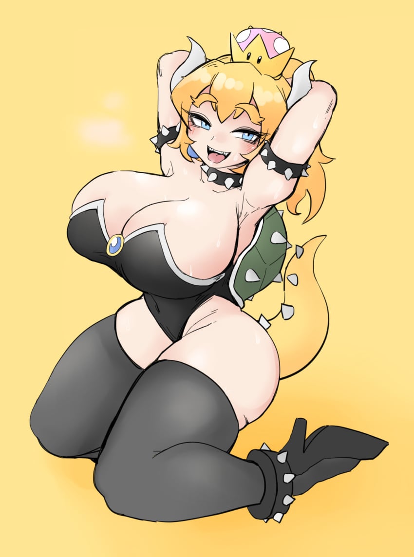 arms_behind_head bamman blonde_hair blue_eyes bowsette dress earrings female heavy_breathing high_heels large_breasts mario_(series) new_super_mario_bros._u_deluxe on_knees shell spiked_armlet super_crown sweat tail thick_thighs thighs