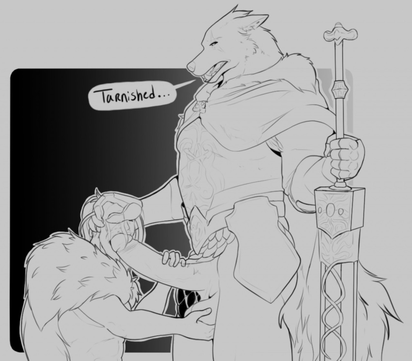 2022 anthro armor ball_fondling balls big_penis biped blaidd_(elden_ring) bottomless bottomless_anthro bottomless_male breastplate canid canine canis cloak clothed clothing digital_media_(artwork) duo elden_ring english_text erection fondling fromsoftware genitals hand_on_head hand_on_penis holding_object holding_sword holding_weapon human human_on_anthro humanoid_genitalia humanoid_penis interspecies larger_anthro larger_male male male/male mammal melee_weapon merffle monochrome penis size_difference smaller_human smaller_male sword tarnished text video_games weapon wolf