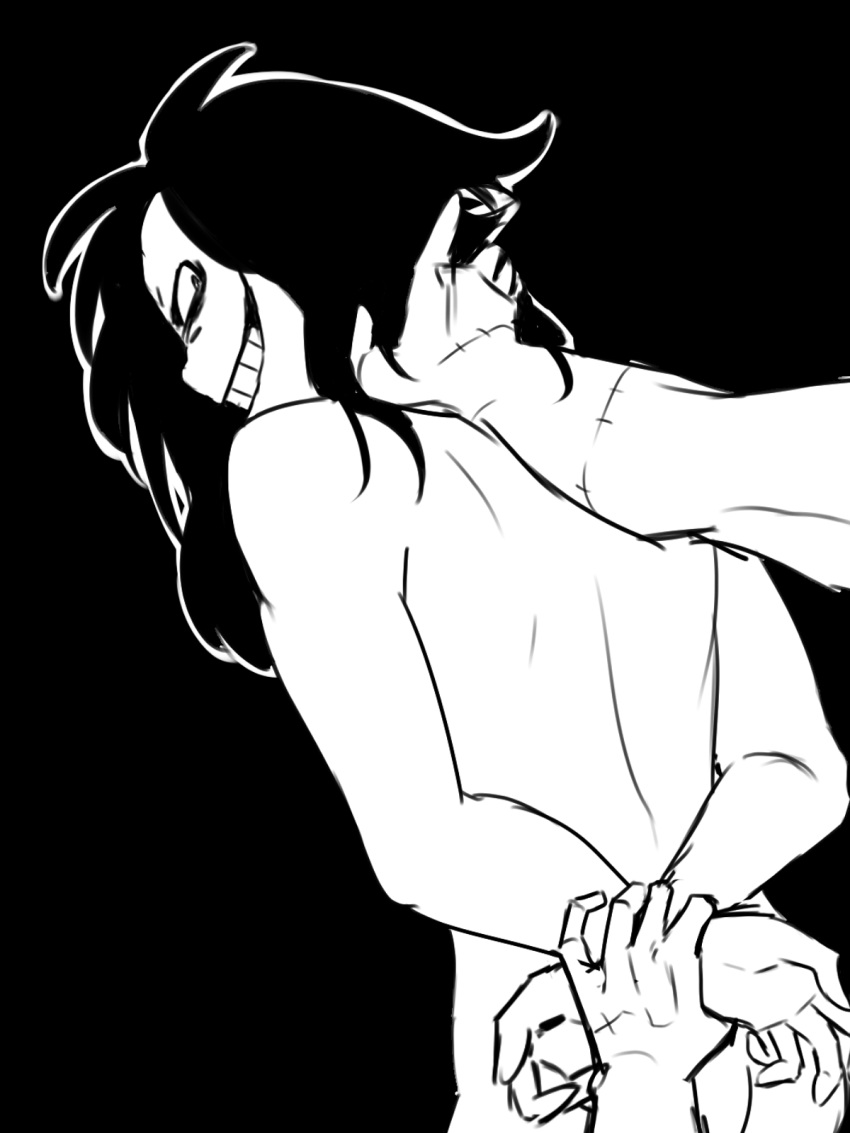 ass back black_hair brothers creepy_smile creepypasta homicidal_liu incest jeff_the_killer long_hair looking_back male male_only monochrome qan