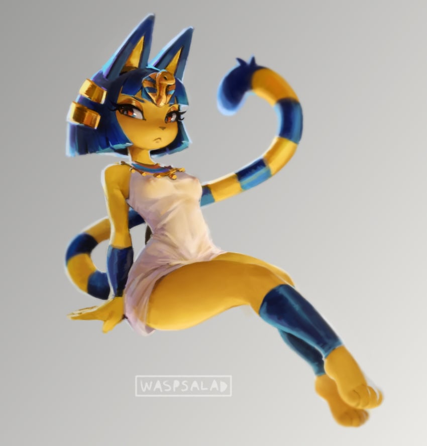 animal_crossing ankha ankha_(animal_crossing) anthro blue_hair breasts clothed clothing domestic_cat dress felid feline felis female fur hair headgear headwear hi_res jewelry looking_at_viewer mammal necklace nintendo nipples paws simple_background sitting small_breasts solo translucent translucent_clothing video_games waspsalad white_clothing yellow_body