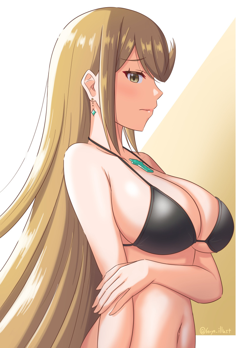 1girls 6oryo_illust absurdres arm_grab artist_name big_breasts bikini black_bikini blonde_hair breasts busty cleavage embarrassed female female_only highres large_breasts long_hair looking_at_viewer mythra_(xenoblade) navel solo swimsuit xenoblade_(series) xenoblade_chronicles_2 yellow_eyes