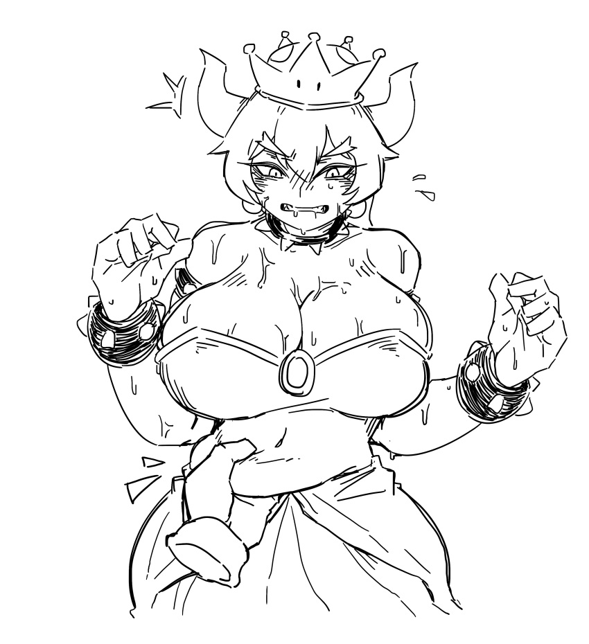 bamman black_and_white bowsette bra chubby chubby_female earrings female grabbing_stomach horns mario_(series) new_super_mario_bros._u_deluxe skirt spiked_armlet spiked_bracelet spiked_collar squeezing_stomach super_crown sweat